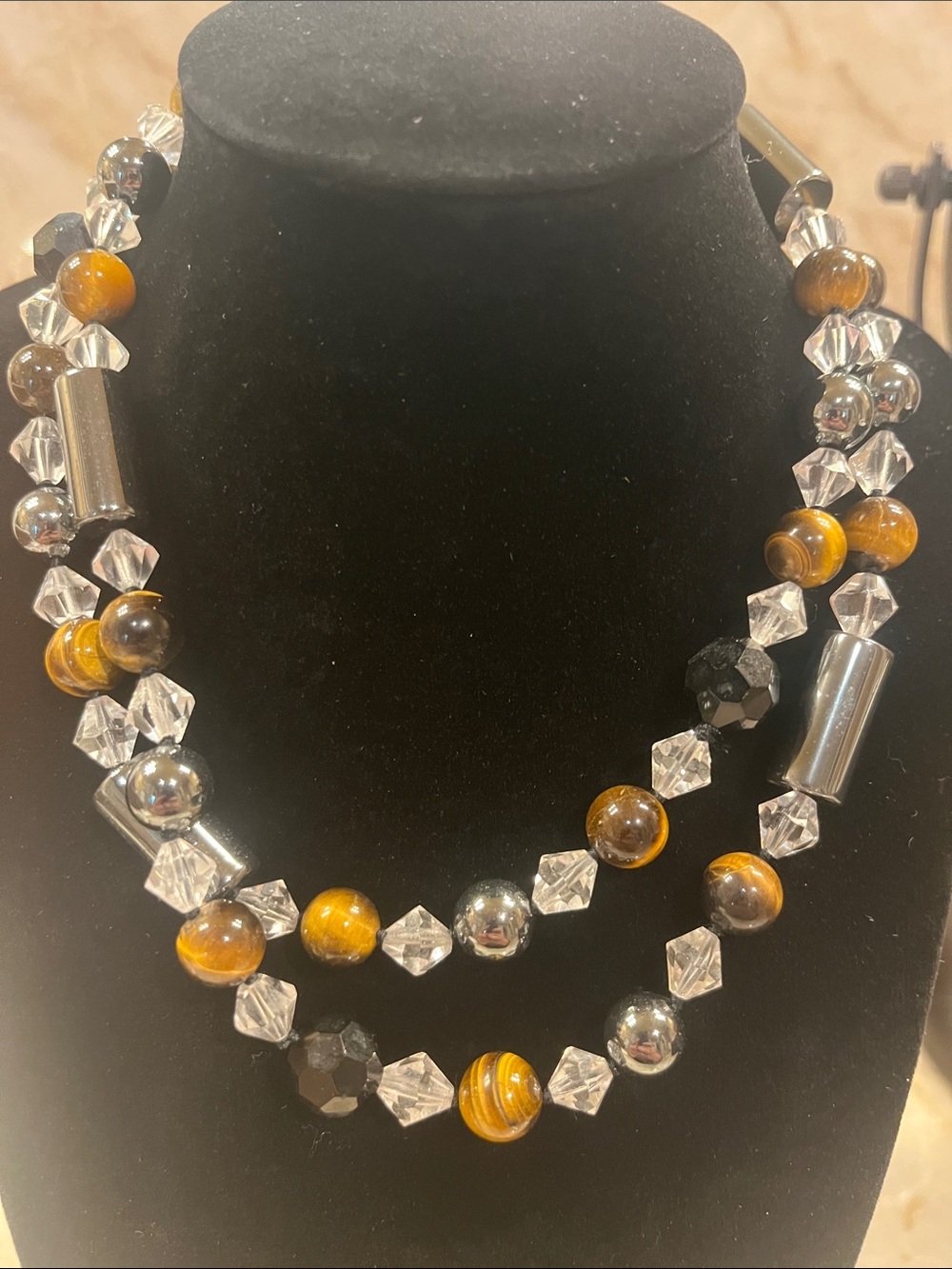 Handcrafted Brown Tiger Eye, clear crystal and Hematite Bead Necklace
